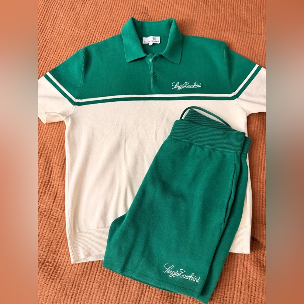 Sergio Tacchini Green and White Polo Shirt with matching shorts